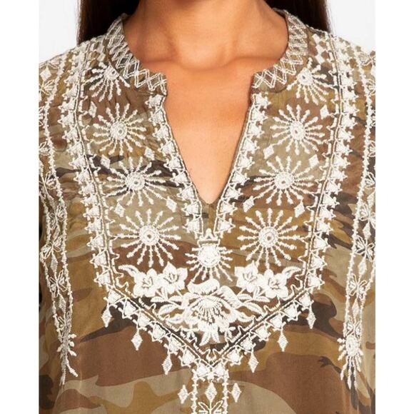 JOHNNY WAS Workshop 100% Silk Ciro Camo Embroidered Flare Sleeve Tunic Blouse - Picture 4 of 15